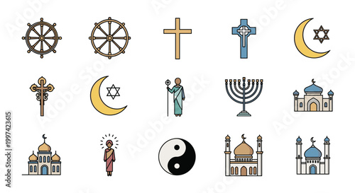Diverse collection of major world religion symbols and places of worship including crosses crescent stars and mosques.