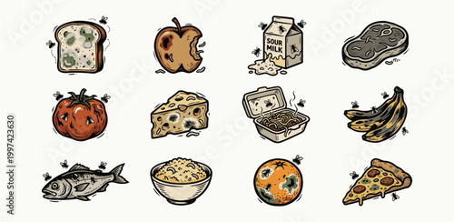 Spoiled food icons featuring moldy items and signs of decay for waste awareness