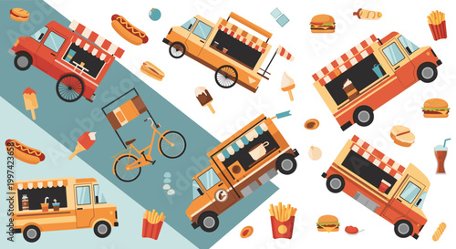 Vibrant pattern design with colorful food trucks bicycles and various fast food snacks like burgers and hot dogs.