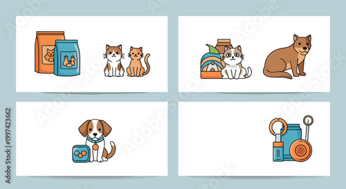 Informative pet care banners featuring cute cats dogs bags of animal food and grooming accessories for animal lovers.