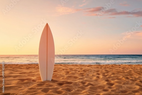 Surfboard Stands on Sandy Beach as Waves Crash During Sunset on an Ocean Shor...