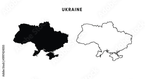 A stark visual representation displays the outline of ukraine in both solid black and white high quality professional