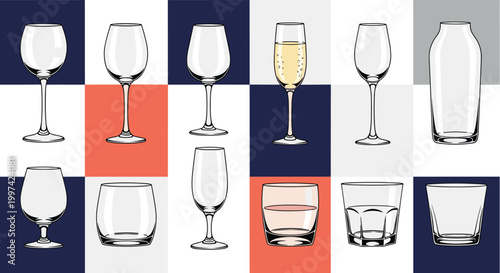 Comprehensive collection of various drinking glass styles including wine glasses champagne flutes and tumblers on grid.