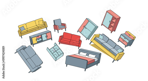 Modern home furniture collection featuring sofas armchairs wardrobes and beds arranged in a dynamic floating composition.