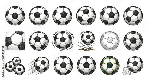 Collection of detailed illustrations of soccer balls in various dynamic poses and styles