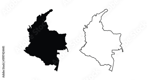 A graphic depiction shows the country of colombia in two variations filled and outlined high quality professional detailed