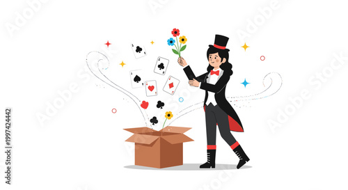 Talented magician in a tuxedo performing a magic trick with playing cards and flowers emerging from a box.