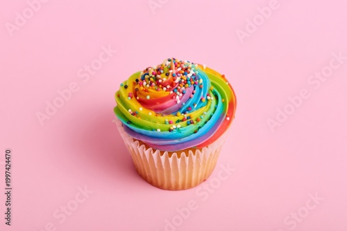 Colorful Cupcake With Frosting and Sprinkles on Pink Background
