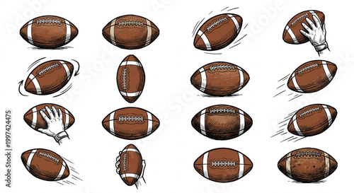 Dynamic concept art hand-drawn American football illustrations, capturing various ball movements for sports design