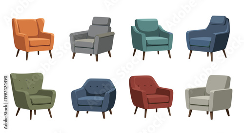 Collection of eight contemporary armchair designs in various colors and styles for modern interior home furnishing.