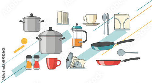 Extensive collection of essential kitchenware items including pots pans coffee maker cutlery and seasoning shakers.
