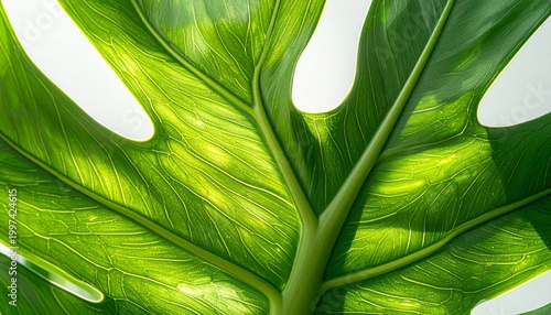 A large green leaf with holes and veins on a white background showcases nature's Plants, Leaves, Greens, Foliage, and Texture.