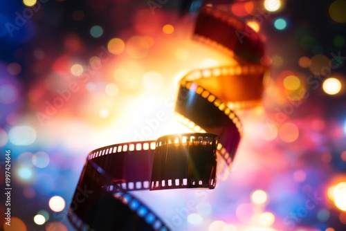 Colorful Film Strips Twist Against Bright Background in a Dynamic Swirl of Li...