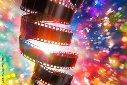 Colorful Film Strips Twist Against Bright Background in a Dynamic Swirl of Li...