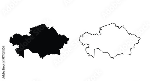 A comparative illustration depicts the outline of kazakhstan in both filled black and white line art styles