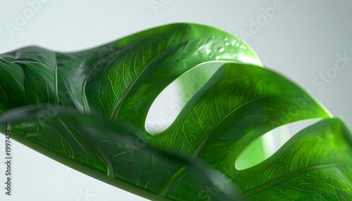 A large green leaf with holes sits on a plain surface indoors.
