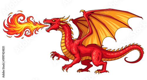 Illustration of a red dragon breathing fire on a white background