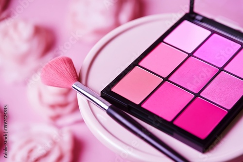 Bright Pink Makeup Palette on a Round Plate With Decorative Flower Petals Aro...