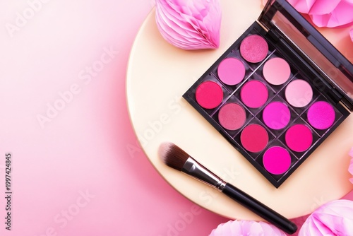 Bright Pink Makeup Palette on a Round Plate With Decorative Flower Petals Aro...