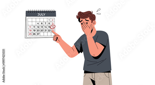 Illustration of a stressed man pointing at a calendar on a white background