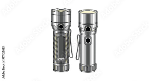 Two high performance professional LED flashlights in different metallic finishes isolated on plain white background.