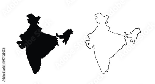 A comparison showing india s silhouette filled black and a white outline version on a white background