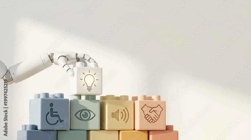Fototapeta premium Robot hand building blocks with icons of success and diversity