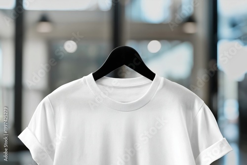 White T-Shirt Hanging on a Black Hanger Inside a Bright Store During the Day