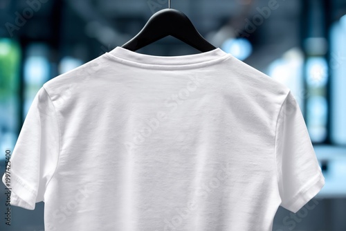 Plain White T-Shirt Hanging on a Black Hanger in a Bright Store Setting