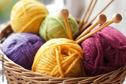 Colorful Yarn Balls in a Basket With Knitting Needles on a Bright Window Sill...