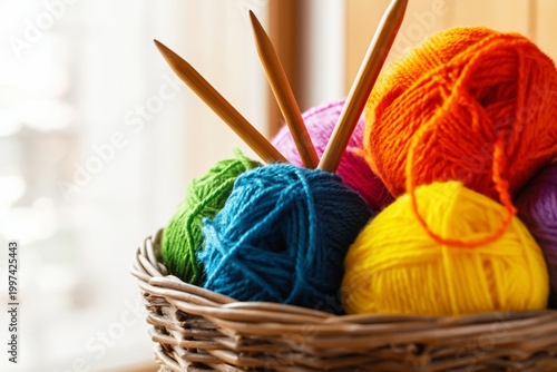 Colorful Yarn Balls in a Basket With Knitting Needles on a Bright Window Sill...