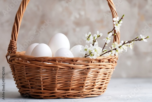 White Eggs in a Brown Basket With a Branch of Flowers on a Light Background