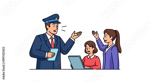 Police Officer Explaining Something to Two Women in Office.