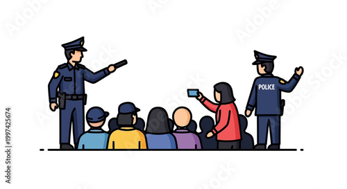 Police Officers Directing Crowd of People with Hand Gestures.