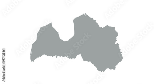 A grayscale silhouette depicts the rough outline of latvia showcasing its coastal borders and inland shape high quality