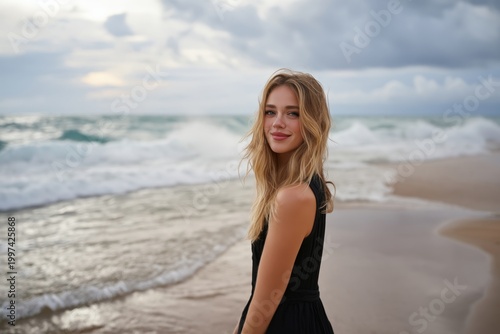Woman Smiles at the Beach During a Cloudy Day With Waves in the Background