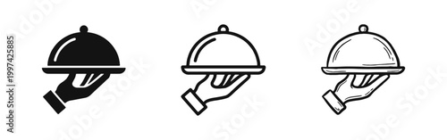 Waiter Hand Holding Covered Food Serving Tray Icons