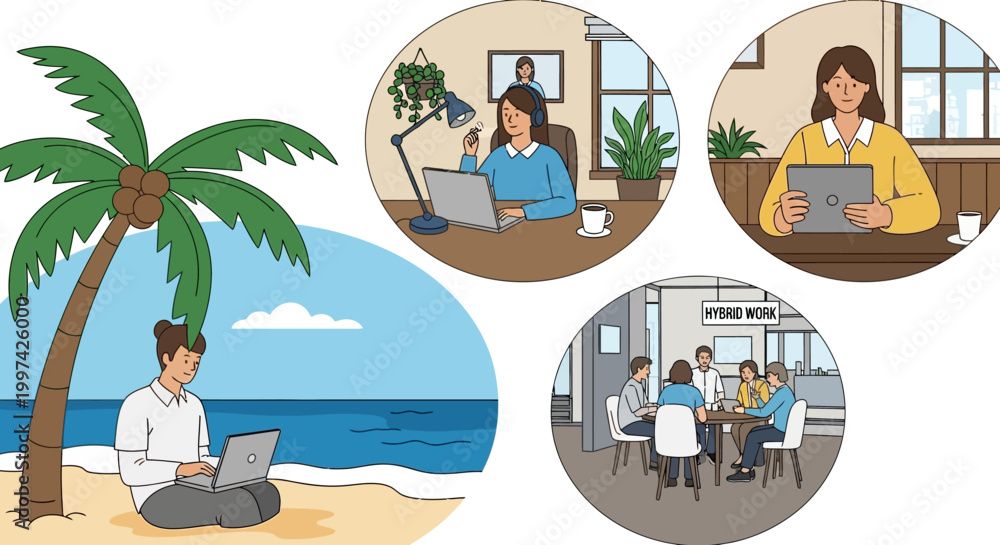Obraz premium Hybrid Work Environment Illustration: Remote Office, Home Office, Cafe, and Beach Work Scenarios for Modern Professionals