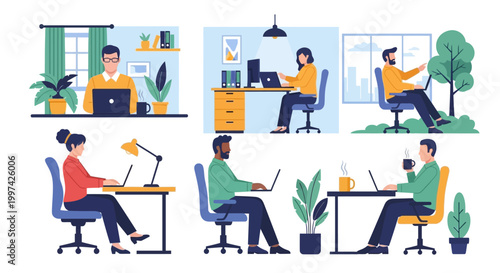 Productive Individuals Working on Laptops: Diverse Settings for Remote Work, Office, and Flexible Productivity