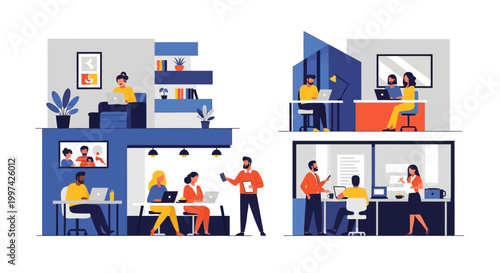 Modern Work Environment & Hybrid Office Illustration: People Collaborating, Remote Productivity, and Teamwork Scenes