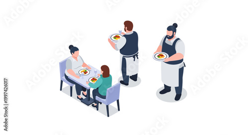 Restaurant Scene Depicting Waiters Serving Food to Customers at Table.