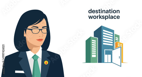 Professional Woman and Modern Office Buildings Symbolizing Destination Workplace Concept