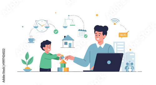 Work-Life Balance & Remote Work: Father Juggling Career and Family Life with Child at Home