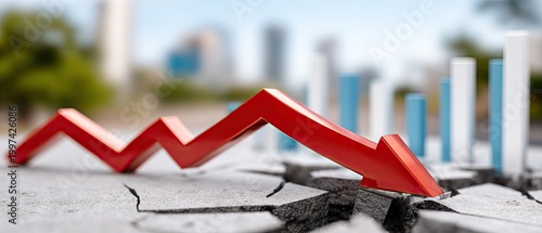 Sharp red arrow points down through a cracked surface, against a background of numbers and bar graphs showing decline and loss