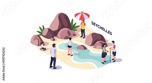 Seychelles Beach Scene - People Enjoying Tropical Paradise Vacation.