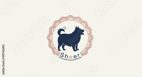 Silhouette of a happy dog inside a decorative circular emblem.