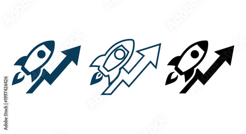 Set of minimalist rocket launch icons representing speed, innovation, and career advancement.
