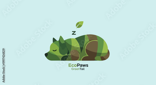 Sleeping Green Dog with Leaf and EcoPaws Branding Concept.