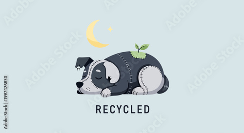 Sleeping Dog with Plant Symbolizing Recycling and Environmental Awareness.