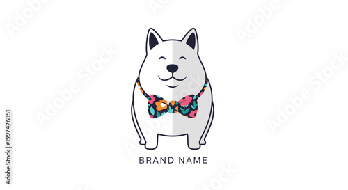 Smiling Cartoon Dog Wearing a Colorful Floral Bowtie, Happy and Cute.